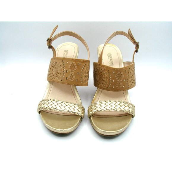 Kenneth Cole Reaction Sandals Skip Class Cork Wedge Sz 7.5M Brown Gold Laser Cut - Picture 2 of 9